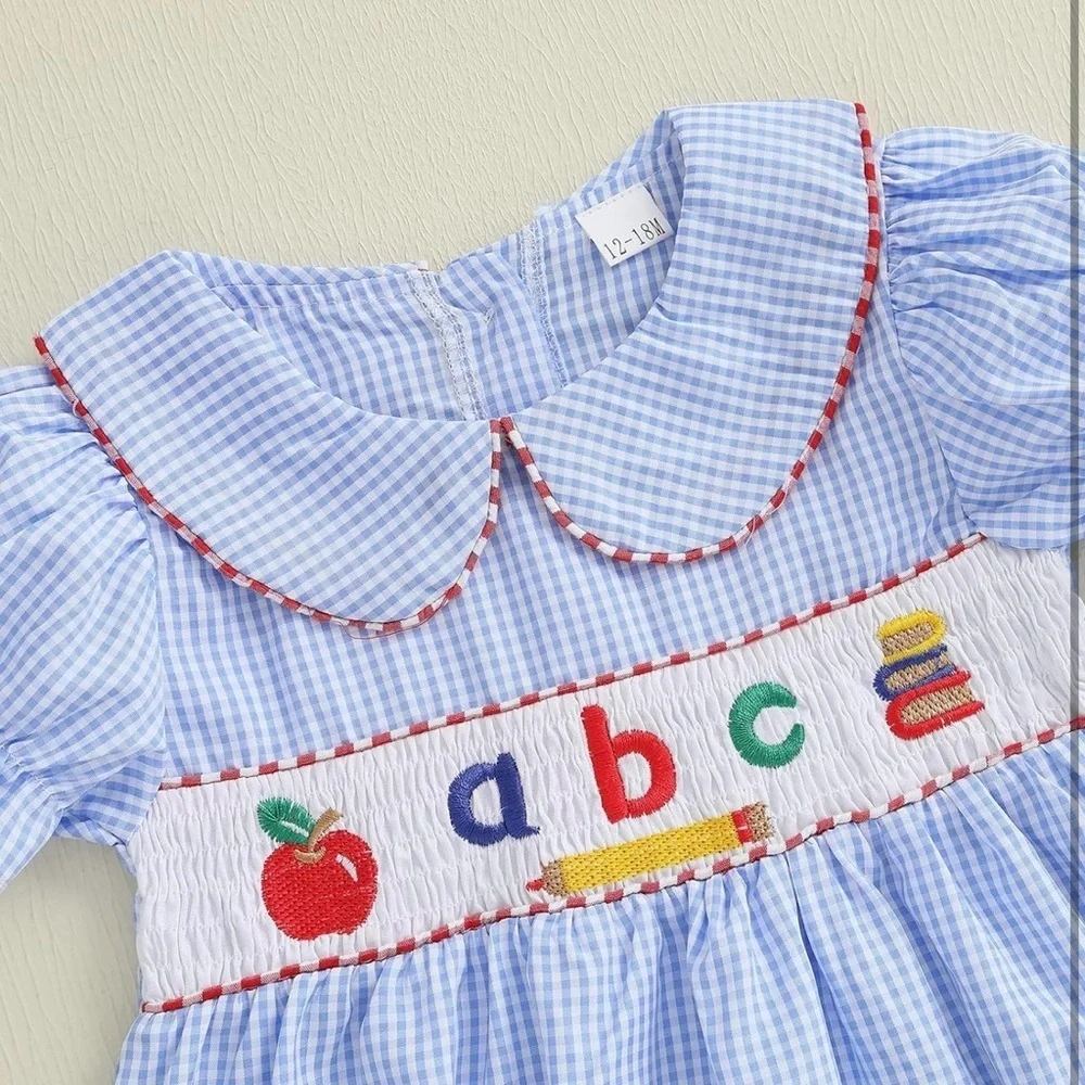 NWT 4T Girls Blue Gingham Alphabet Back to School Short Sleeve Smocked Dress